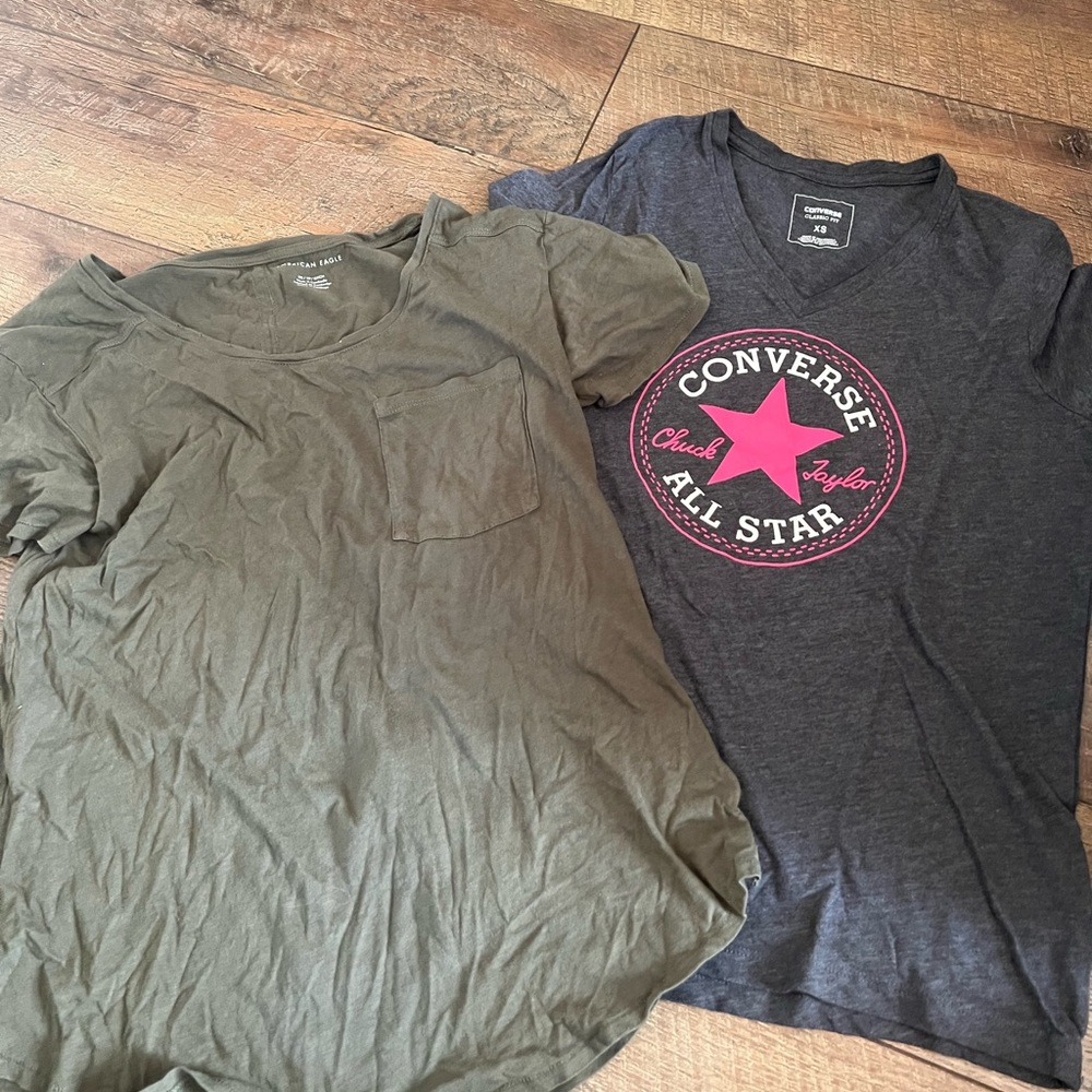 SHIRT BUNDLE, BOTH XS, GREEN AE SHIRT WITH POCKET, V NECK CONVERSE SHIRT